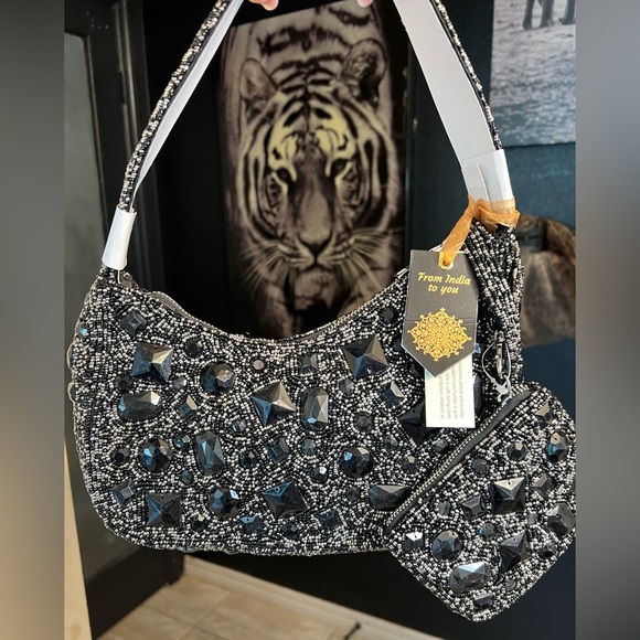 🖤🩶🖤 MADE IN INDIA BEAUTIFUL Black Beaded Shoulder Bag With Coin Purse🖤🩶🖤NWT - Picture 12 of 17